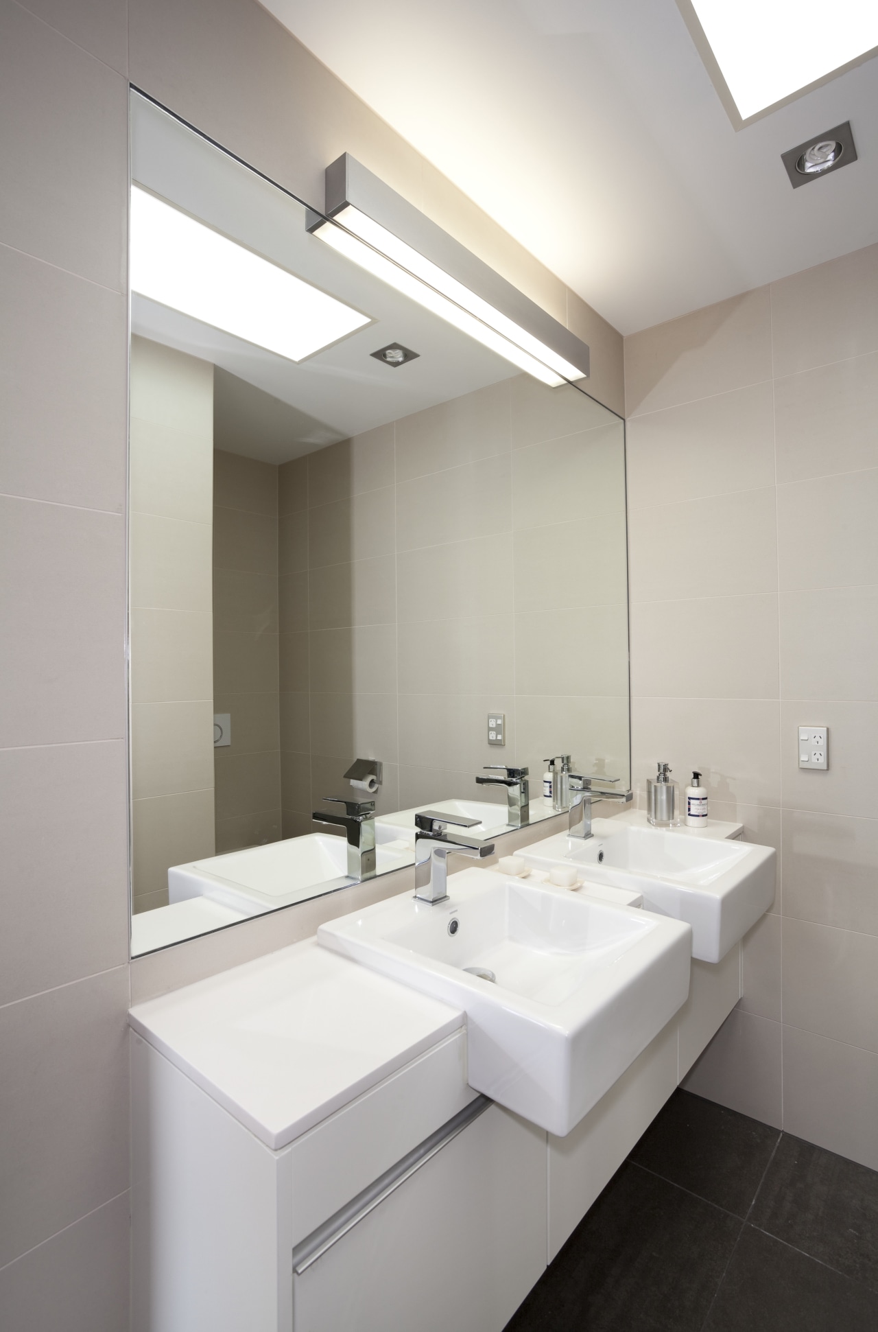 This master ensuite has been transformed as part architecture, bathroom, ceiling, daylighting, floor, interior design, product design, real estate, room, sink, tap, gray