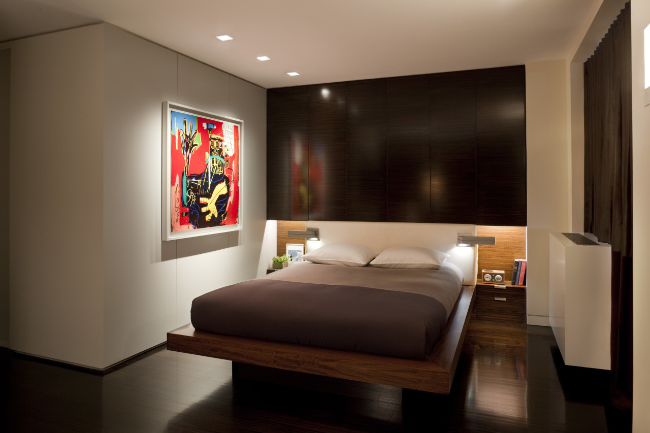 Contemporary apartment interiors dont have to be crisp, bedroom, ceiling, interior design, room, suite, wall, brown, black