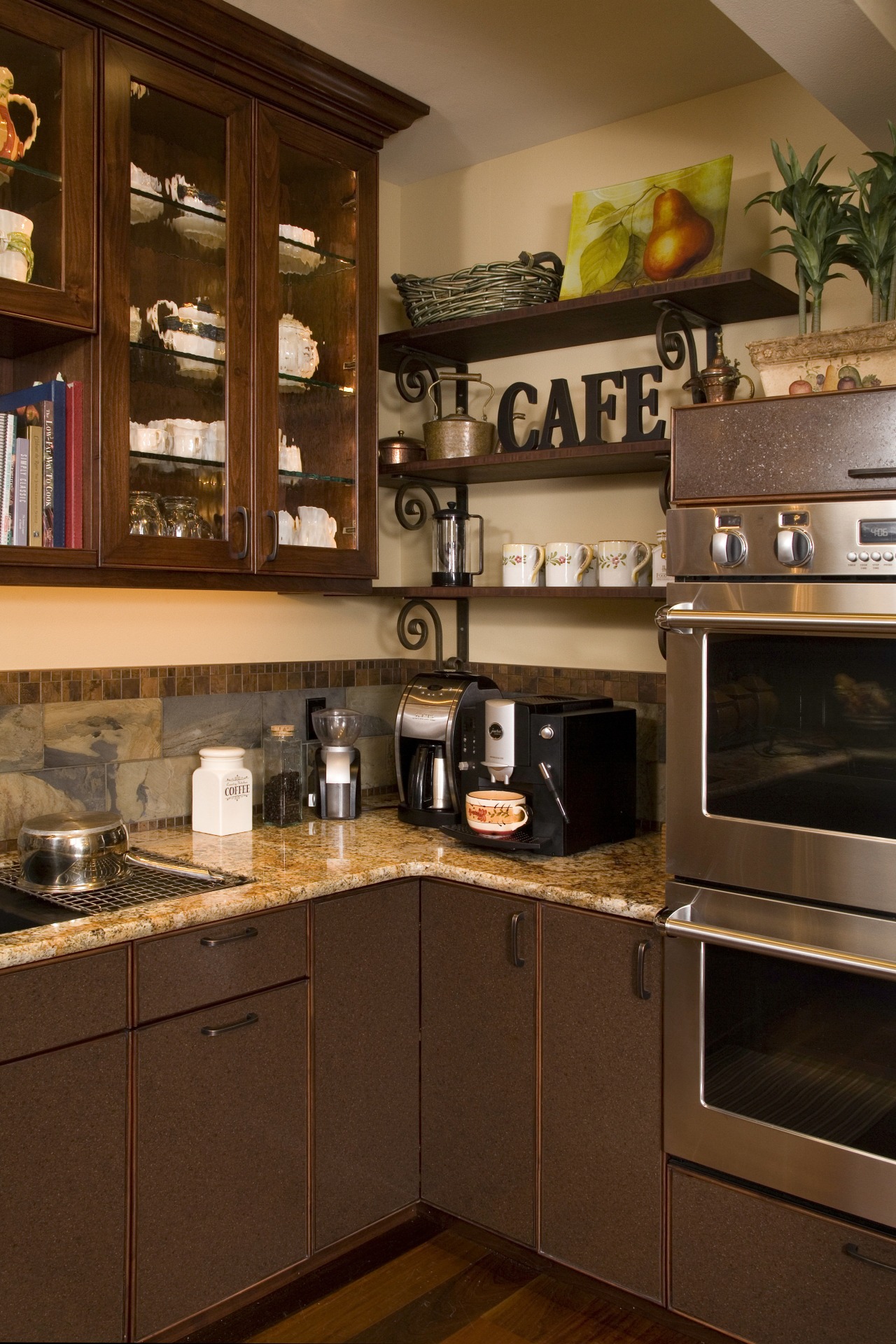 The scullery in this traditional wood kitchen includes cabinetry, countertop, cuisine classique, home appliance, interior design, kitchen, kitchen organizer, room, brown