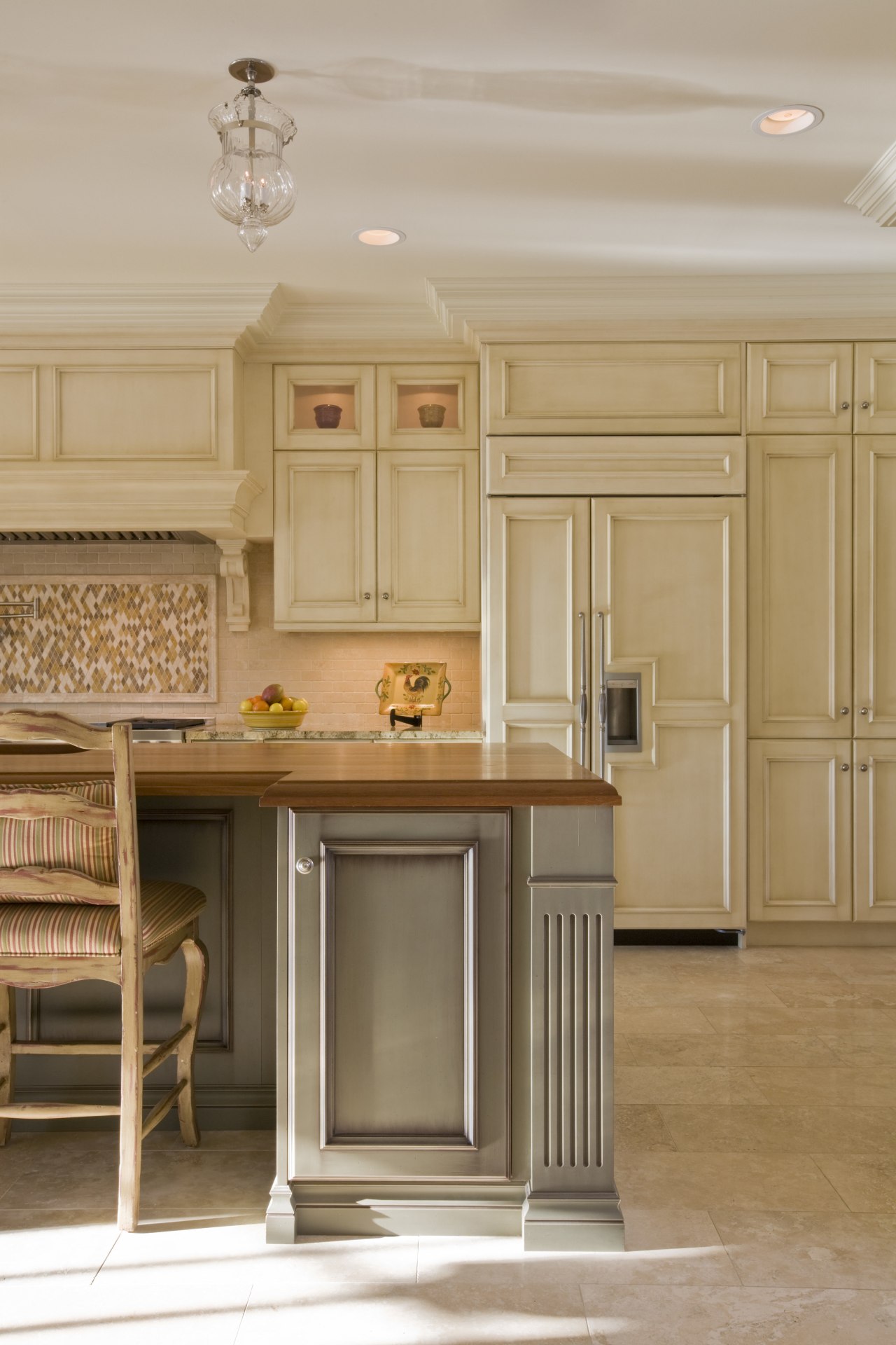 The semi-integrated refrigerator in this kitchen by Rill cabinetry, countertop, cuisine classique, floor, flooring, furniture, hardwood, home, interior design, kitchen, room, wood flooring, orange, gray, brown