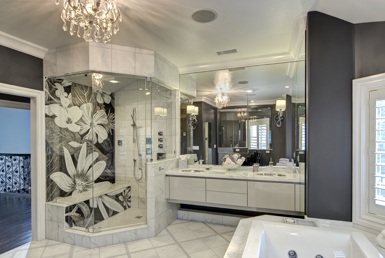 With its highly decorative floral-themed mosaic tile murals, bathroom, ceiling, home, interior design, room, gray