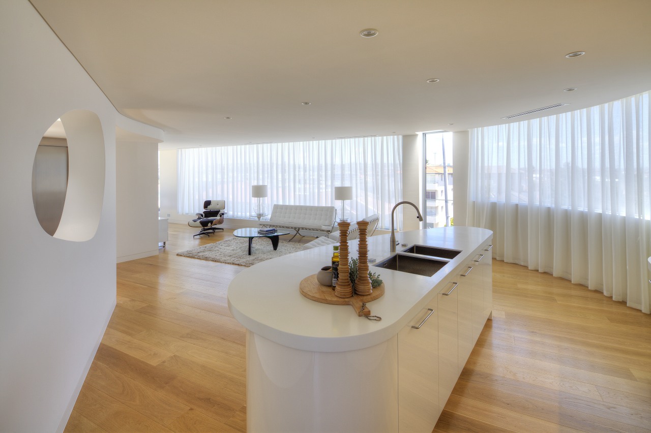 In this modern penthouse kitchen, storage, a dishwasher apartment, architecture, ceiling, daylighting, estate, floor, flooring, house, interior design, property, real estate, room, gray