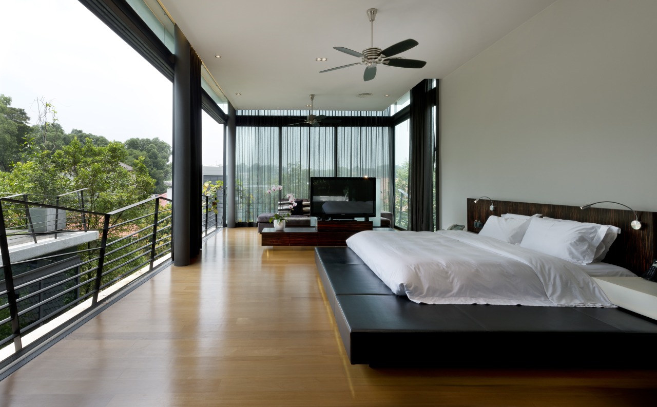 Entire glass walls in this master bedroom can bedroom, ceiling, estate, house, interior design, property, real estate, room, window, gray