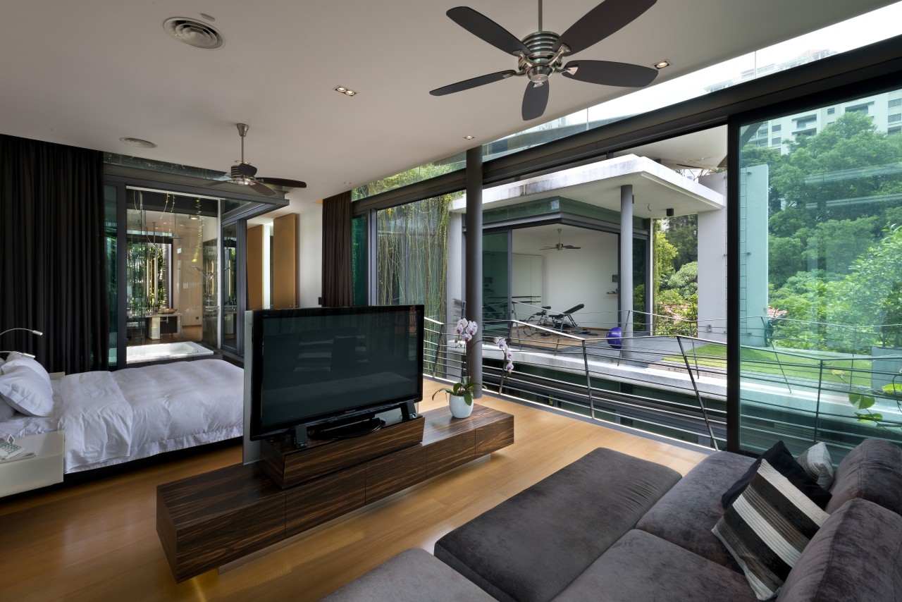 Entire glass walls in this master bedroom can home, house, interior design, living room, property, real estate, window, gray, black