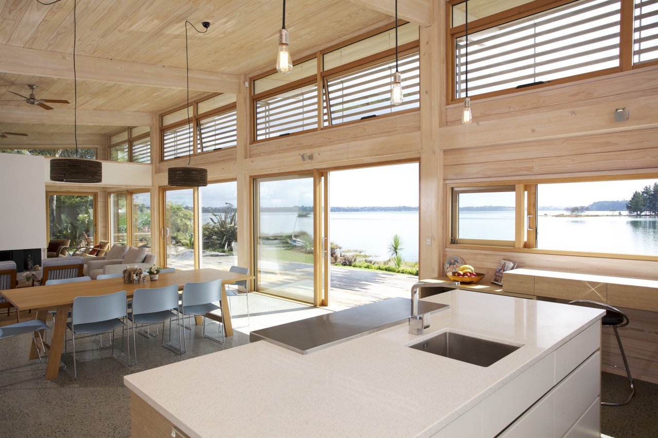 Designed to maximise a spectacular waterfront view, this daylighting, house, interior design, real estate, window, wood, white, orange