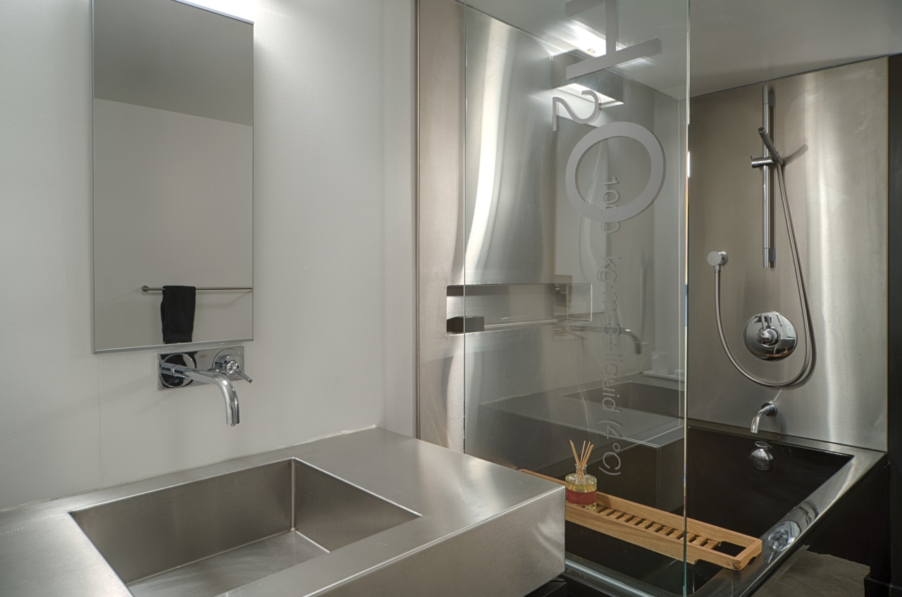 Stainless steel bathroom in industrial loft conversion by bathroom, bathroom accessory, interior design, plumbing fixture, room, sink, gray