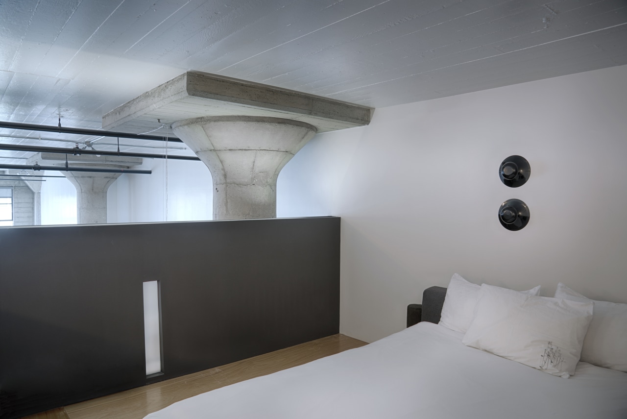 Mezzanine bedroom in industrial loft conversion by architect architecture, ceiling, daylighting, floor, home, house, interior design, loft, product design, room, wall, gray