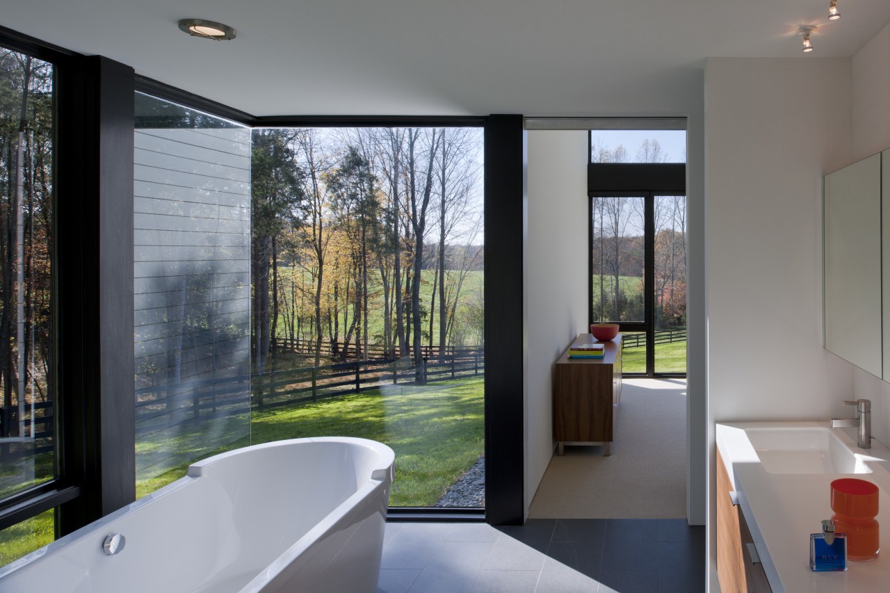 The master bathroom in this modern country house architecture, bathroom, home, house, interior design, real estate, room, window, gray