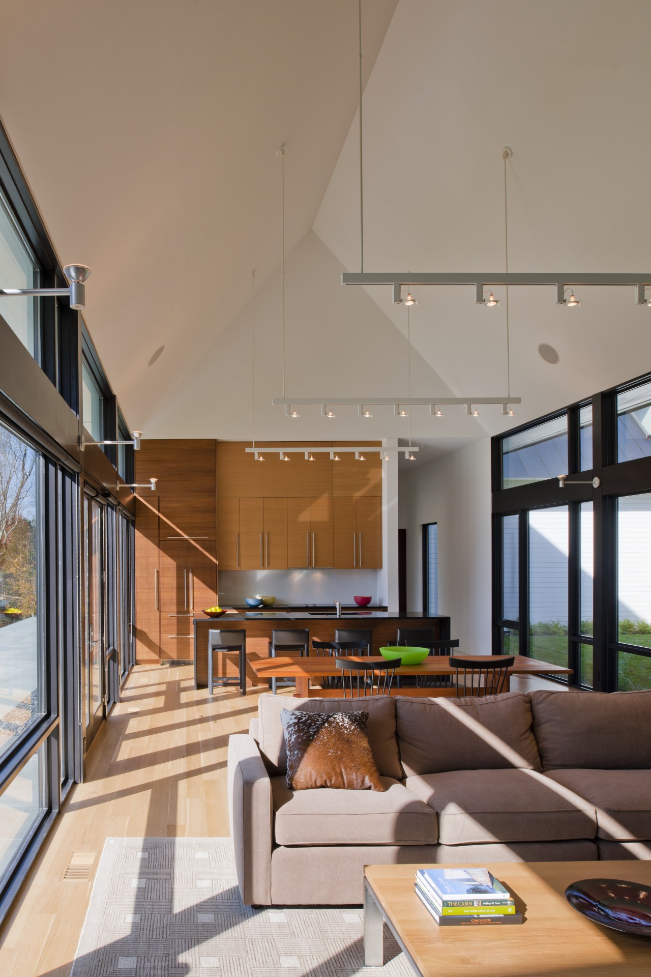 Clapboard siding and a metal roof place this architecture, ceiling, daylighting, estate, home, house, interior design, living room, real estate, gray, brown