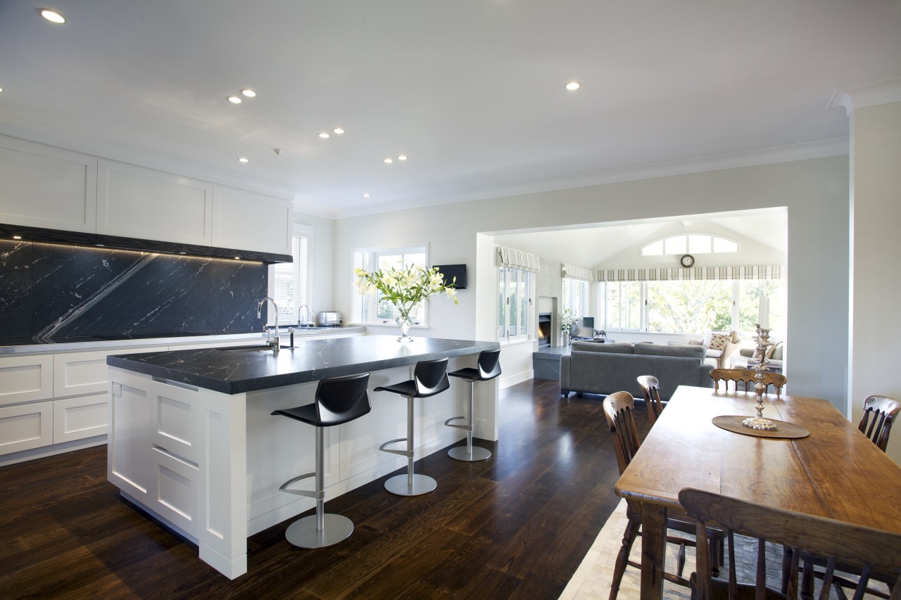 This classic kitchen by Robyn Labb offers modern countertop, cuisine classique, flooring, home, interior design, kitchen, property, real estate, room, gray