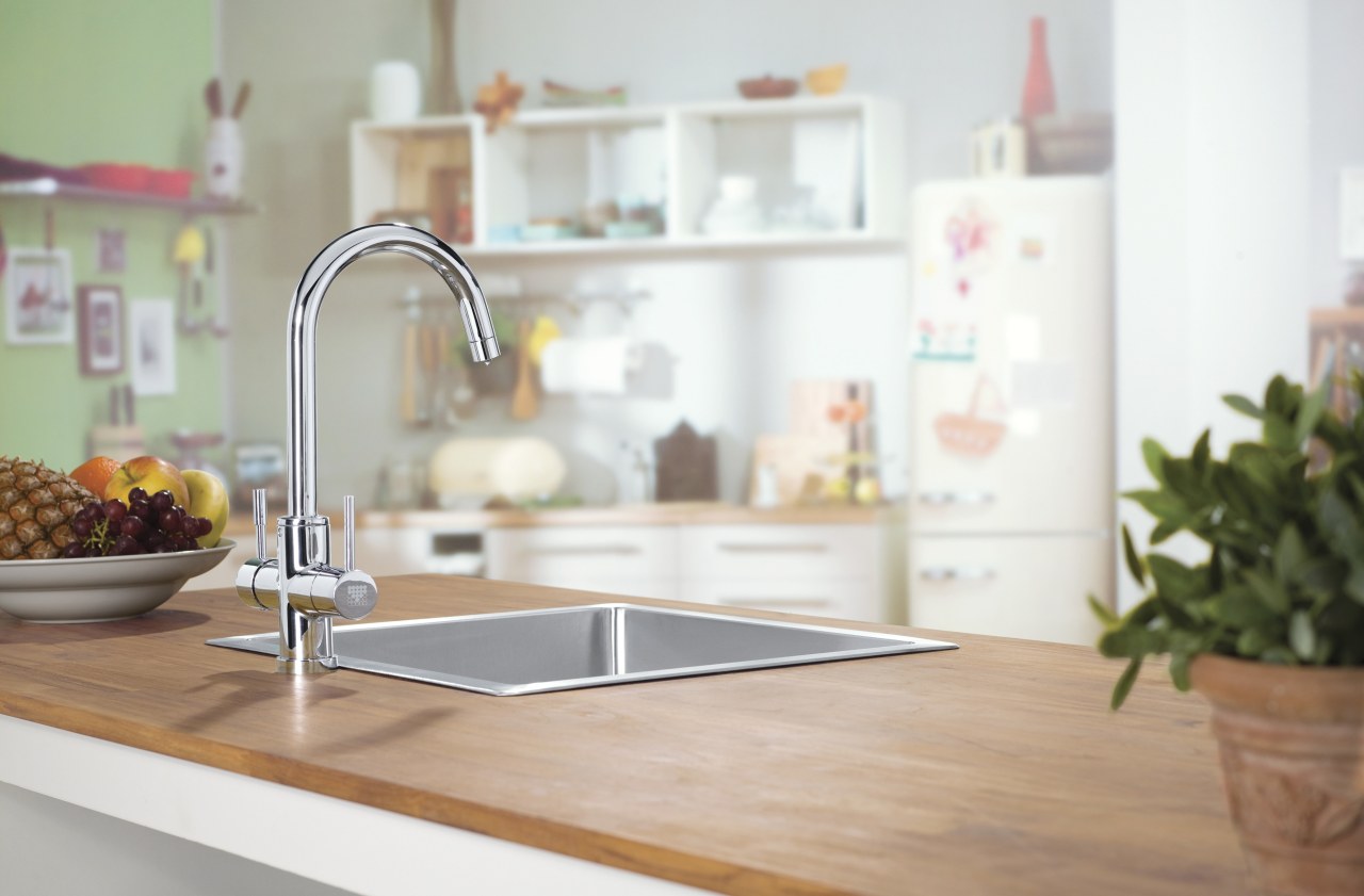 Filtered water in recommnded for cooking by master countertop, interior design, kitchen, room, sink, small appliance, tap, white, gray