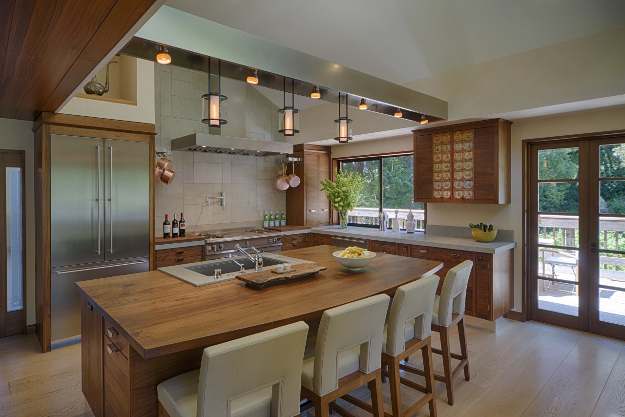 Open plan walnut kitchen cabinetry, ceiling, countertop, dining room, hardwood, interior design, kitchen, real estate, room, brown, gray
