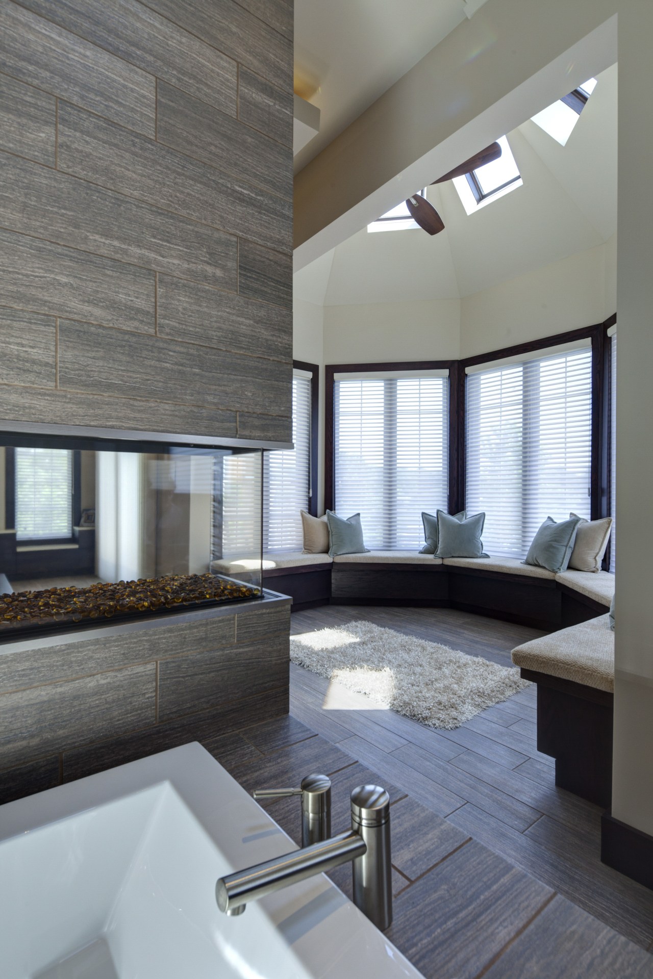 New window seats in the bay window aprovide architecture, bathroom, daylighting, estate, floor, interior design, living room, gray