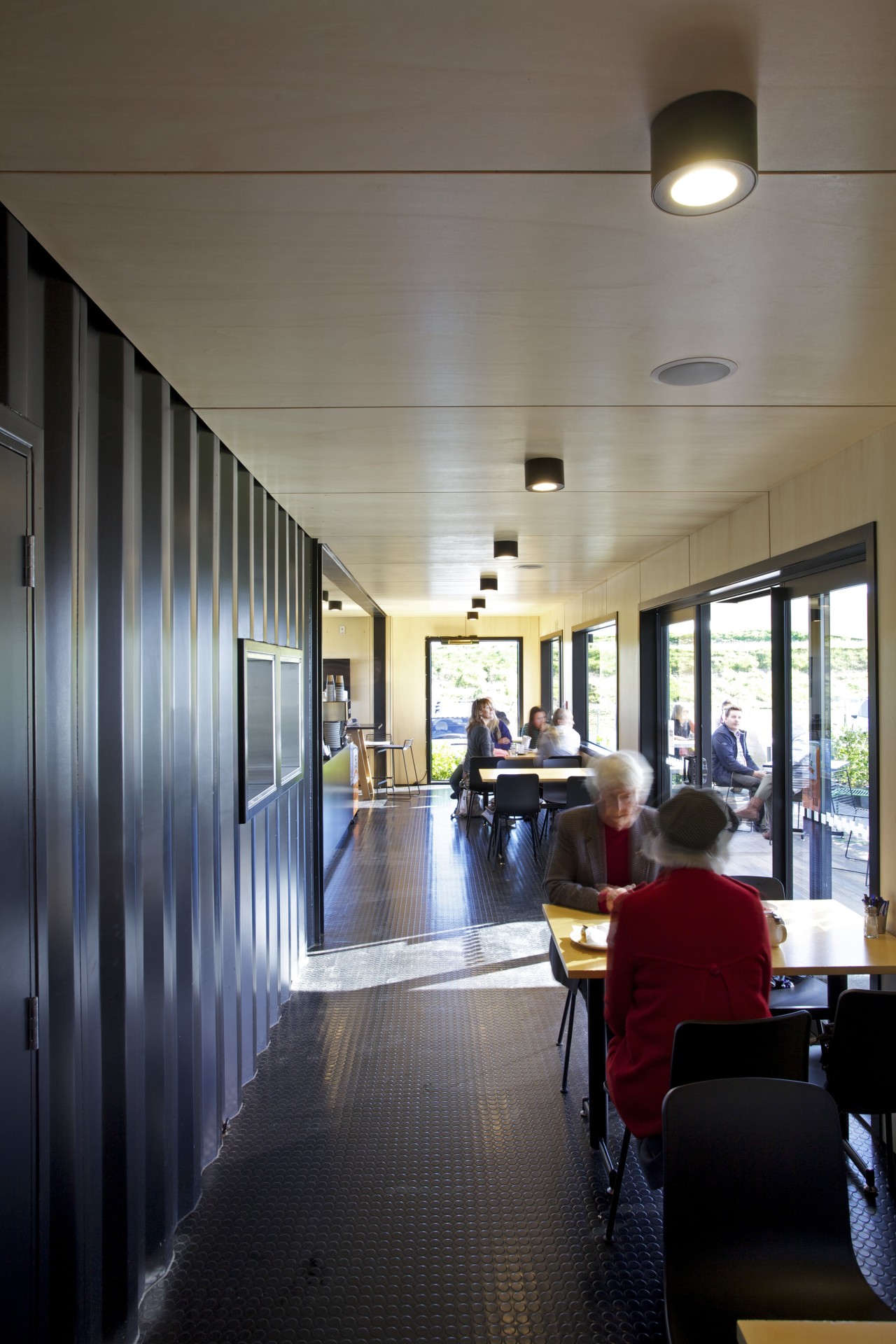 Four containers were linked to create this innovative architecture, ceiling, daylighting, house, interior design, lobby, window, black, gray