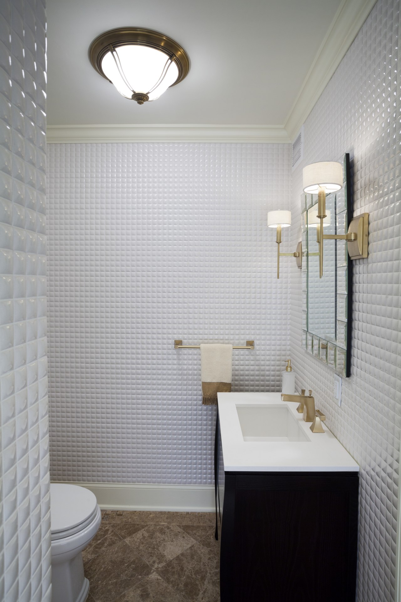 With its floor-to-ceiling glossy white mosaic tiles, this architecture, bathroom, ceiling, daylighting, floor, flooring, home, interior design, plumbing fixture, room, sink, tile, wall, gray