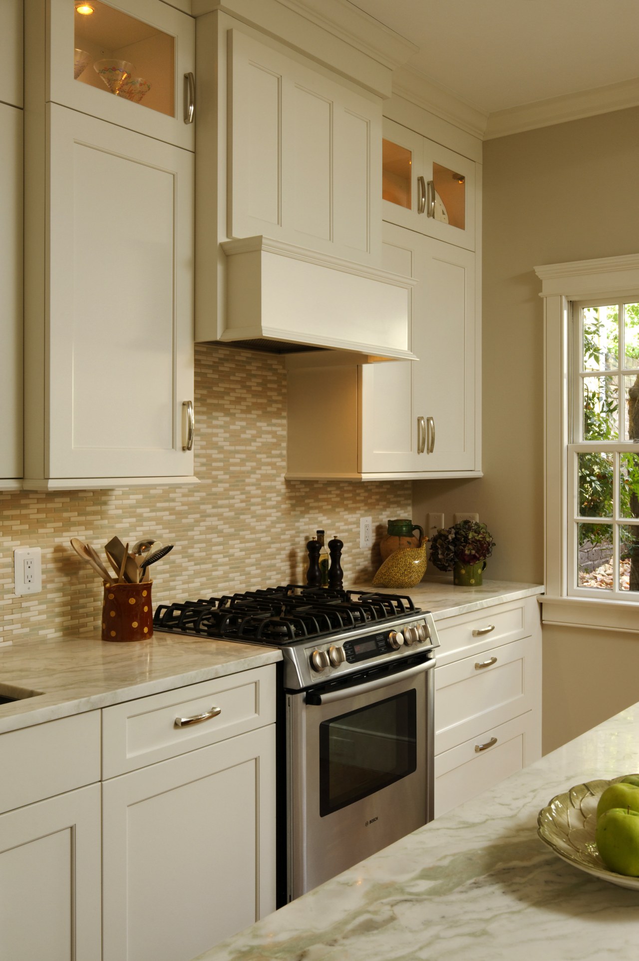 Understated, clean-lined cabinetry panels in this kitchen find cabinetry, countertop, cuisine classique, home, home appliance, interior design, kitchen, room, orange, brown