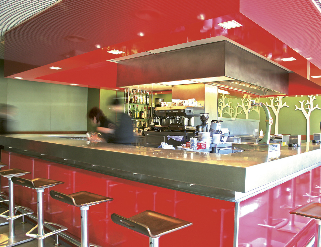 Formica ColorCore transforming interior surfaces cafeteria, fast food, fast food restaurant, interior design, restaurant, red