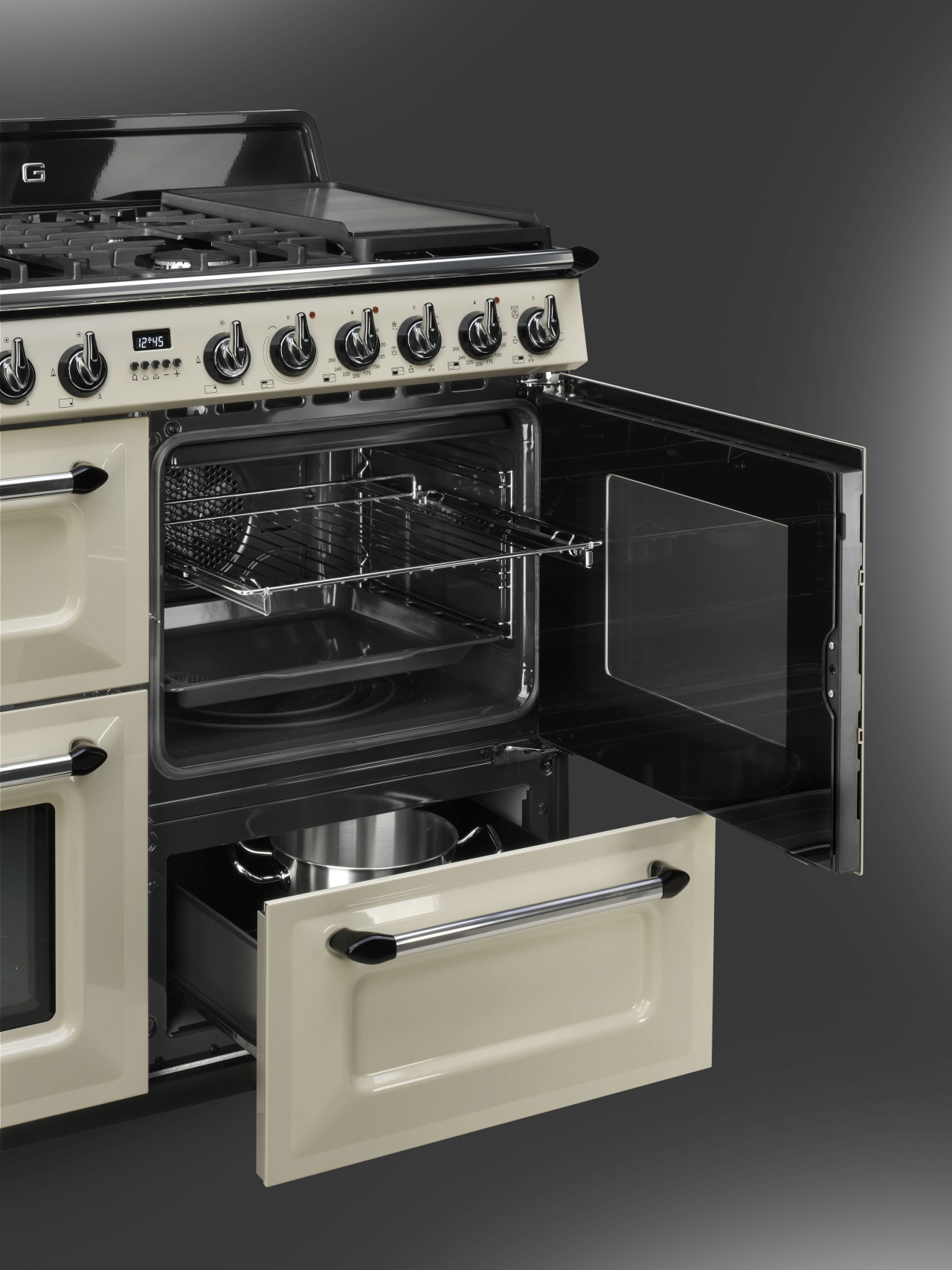 The 90cm-wide Victoria is also available in an gas stove, home appliance, kitchen appliance, kitchen stove, major appliance, microwave oven, oven, black, gray