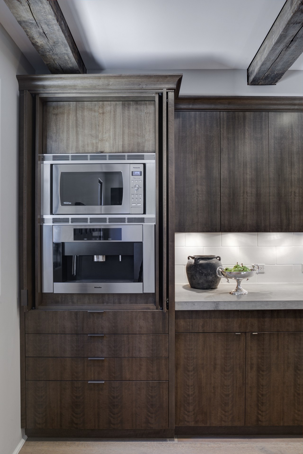 In this kitchen remodel by Doug Durbin, the cabinetry, countertop, cuisine classique, home appliance, interior design, kitchen, kitchen appliance, major appliance, refrigerator, black, gray