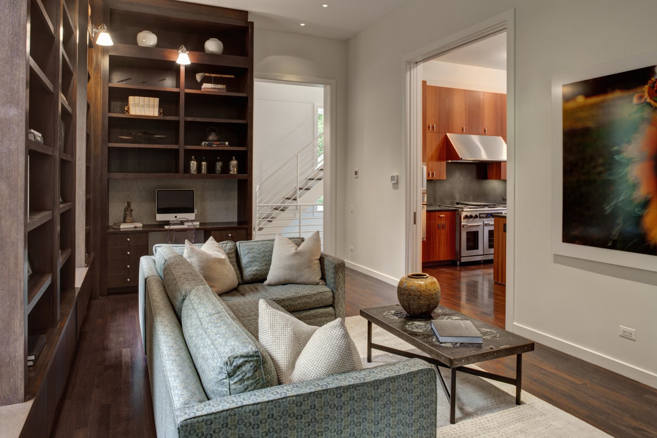 Crisp simplicity defines this contemporary kitchen in an home, interior design, living room, real estate, room, gray, brown