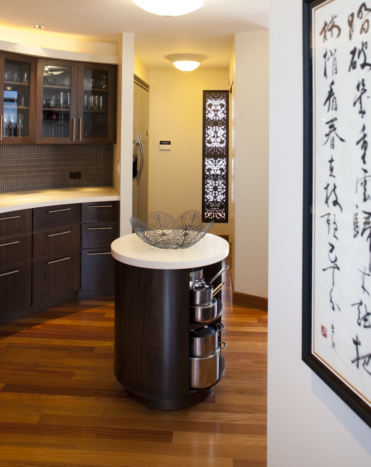 The small central island in this kitchen remodel bathroom, bathroom accessory, cabinetry, countertop, floor, flooring, hardwood, interior design, kitchen, room, wood flooring, white