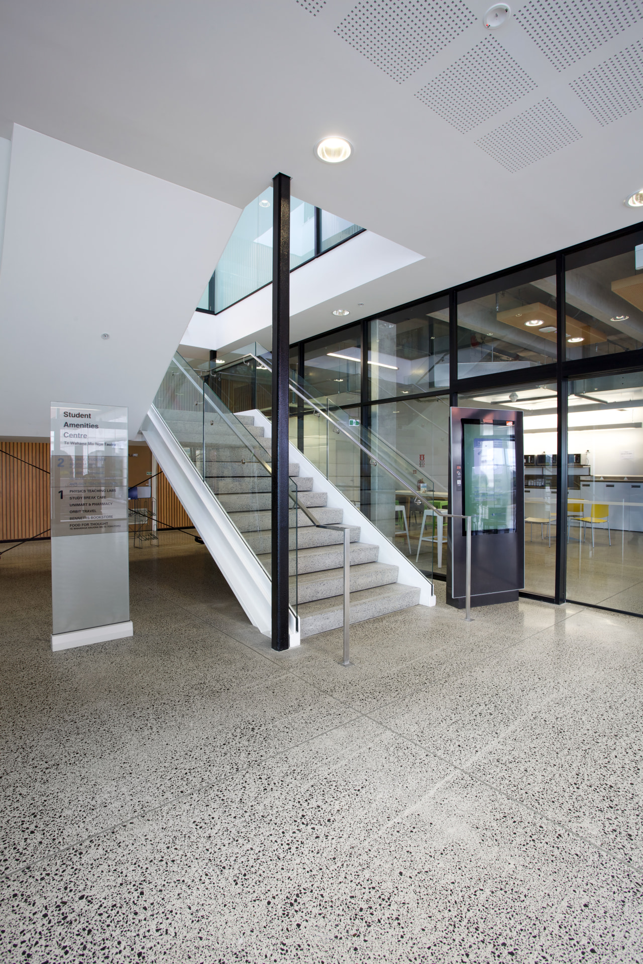 For the matt-look floor required at Massey University architecture, daylighting, floor, flooring, glass, handrail, stairs, structure, gray