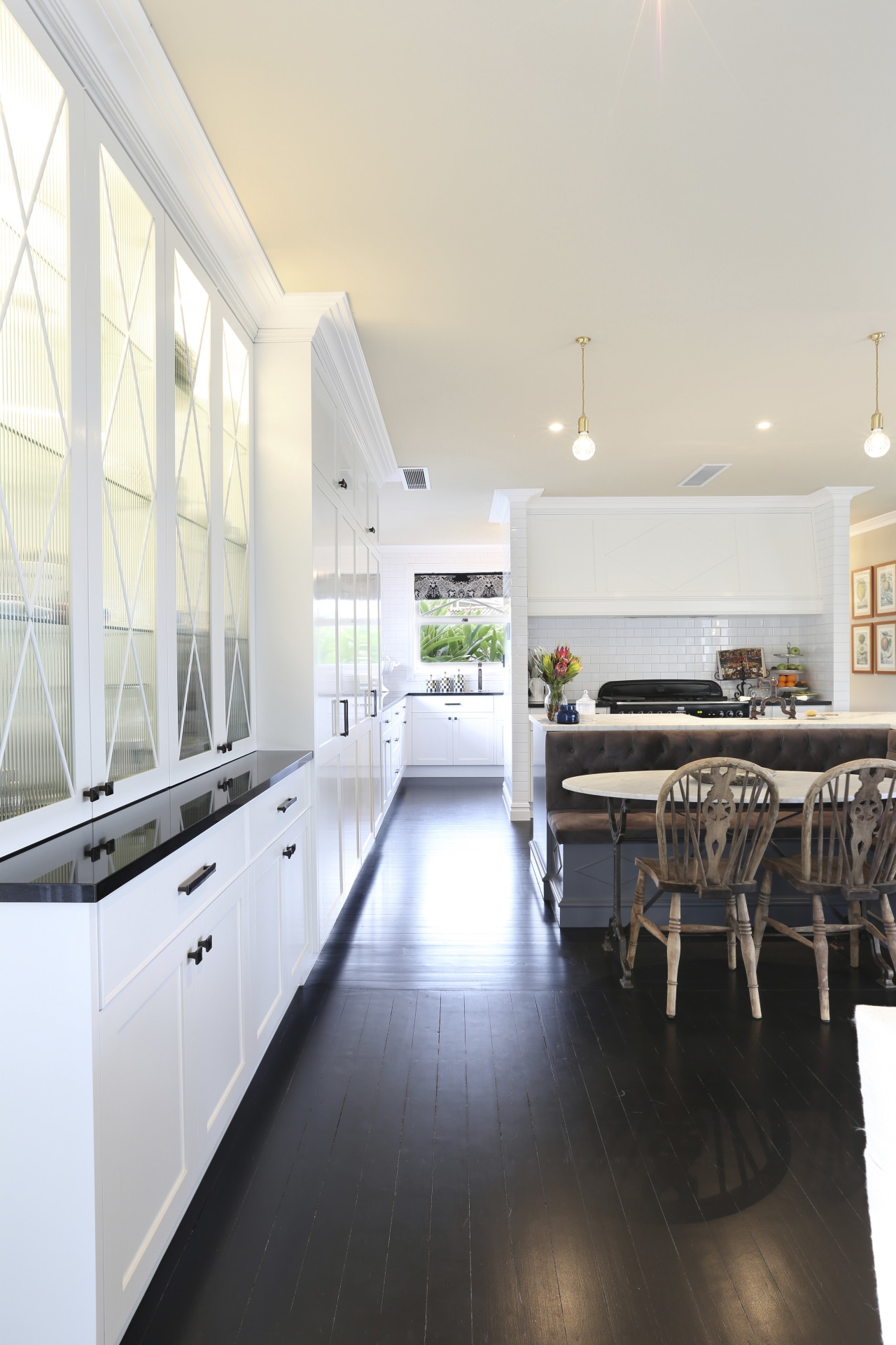 A diamond pattern features in this kitchen design ceiling, countertop, cuisine classique, daylighting, floor, flooring, interior design, kitchen, real estate, room, white