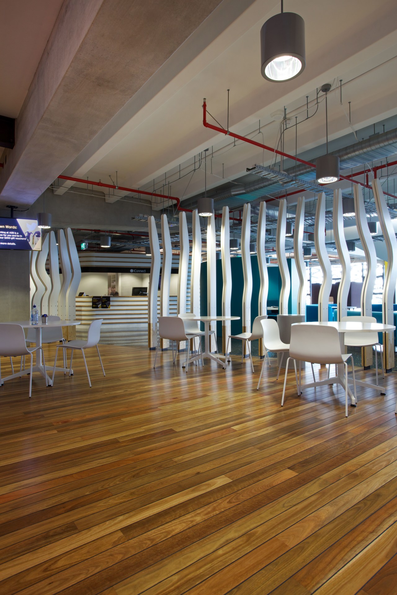 Floorboards in the café on Level 3 of ceiling, floor, flooring, furniture, hardwood, interior design, leisure centre, sport venue, structure, table, wood, wood flooring, brown, gray