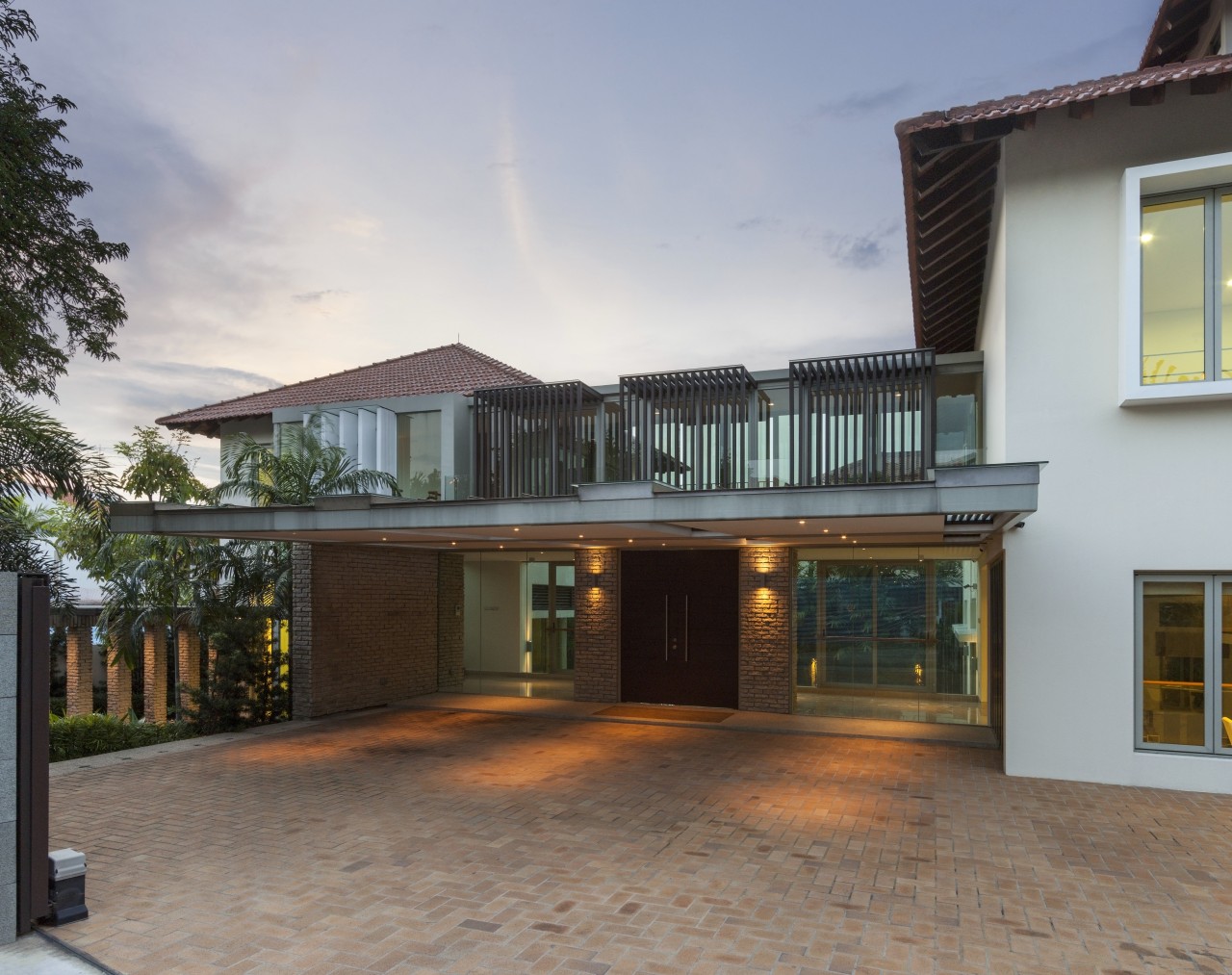 Modern new house comprising two wings in Singapore building, estate, facade, home, house, property, real estate, residential area, roof, window, gray