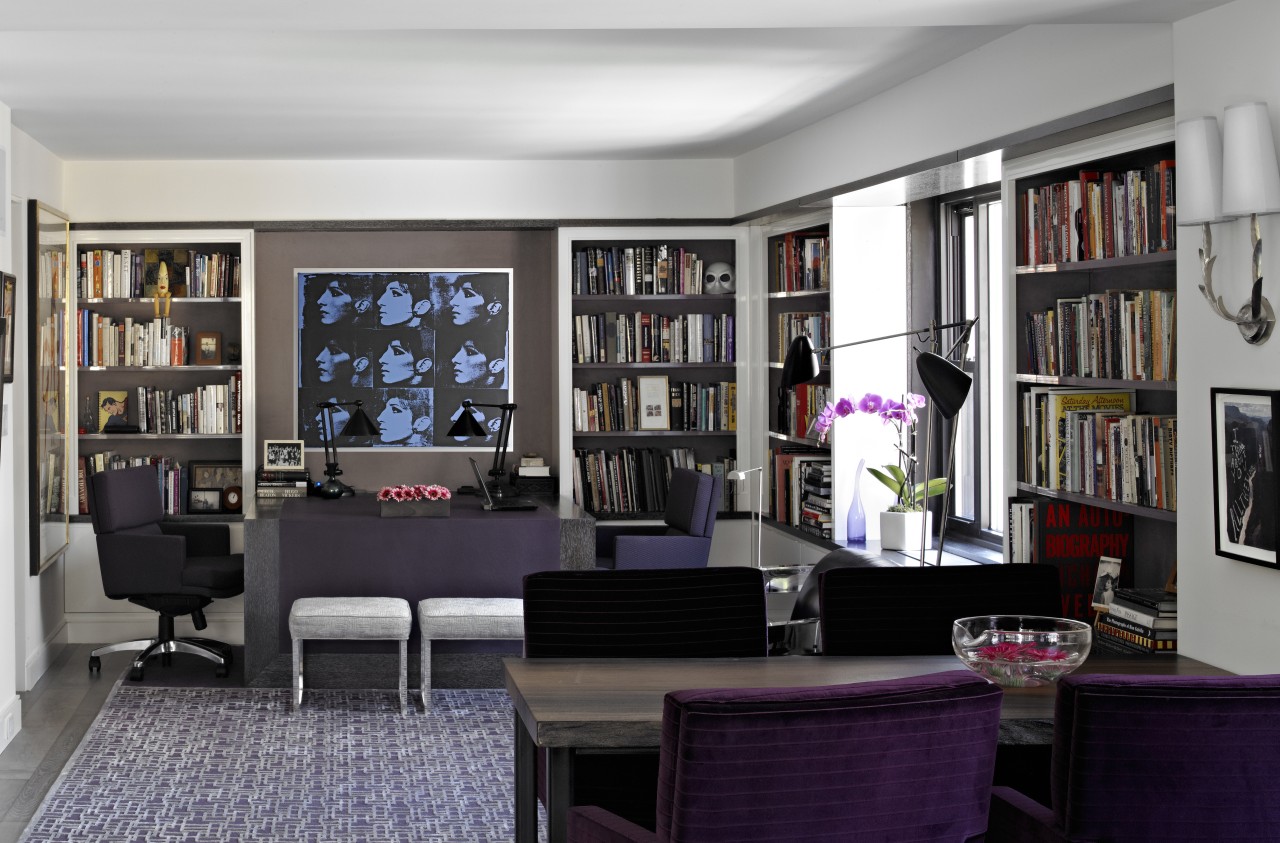 The darker den area in this remodeled apartment bookcase, furniture, home, interior design, living room, purple, room, shelving, black, gray