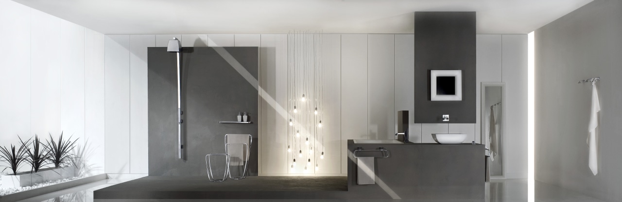 Transitional Gessi bathroomware. There has never been architecture, bathroom, bathroom accessory, floor, home, interior design, room, wall, gray, white