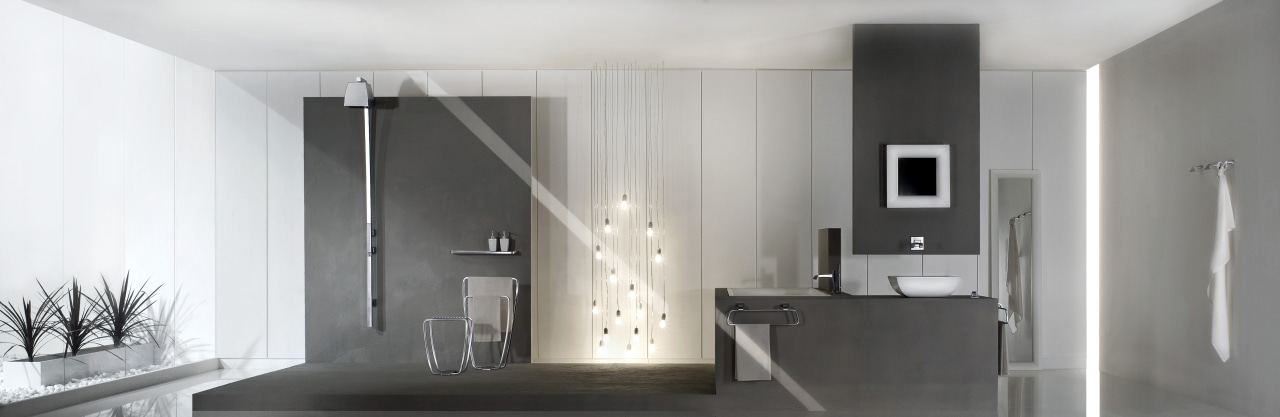 Transitional Gessi bathroomware.  There has never been architecture, bathroom, bathroom accessory, floor, home, interior design, room, wall, gray, white