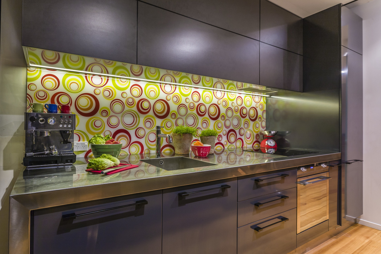 Mal Corboy kitchen with Smeg appliances.  Mal countertop, interior design, kitchen, room, under cabinet lighting, black