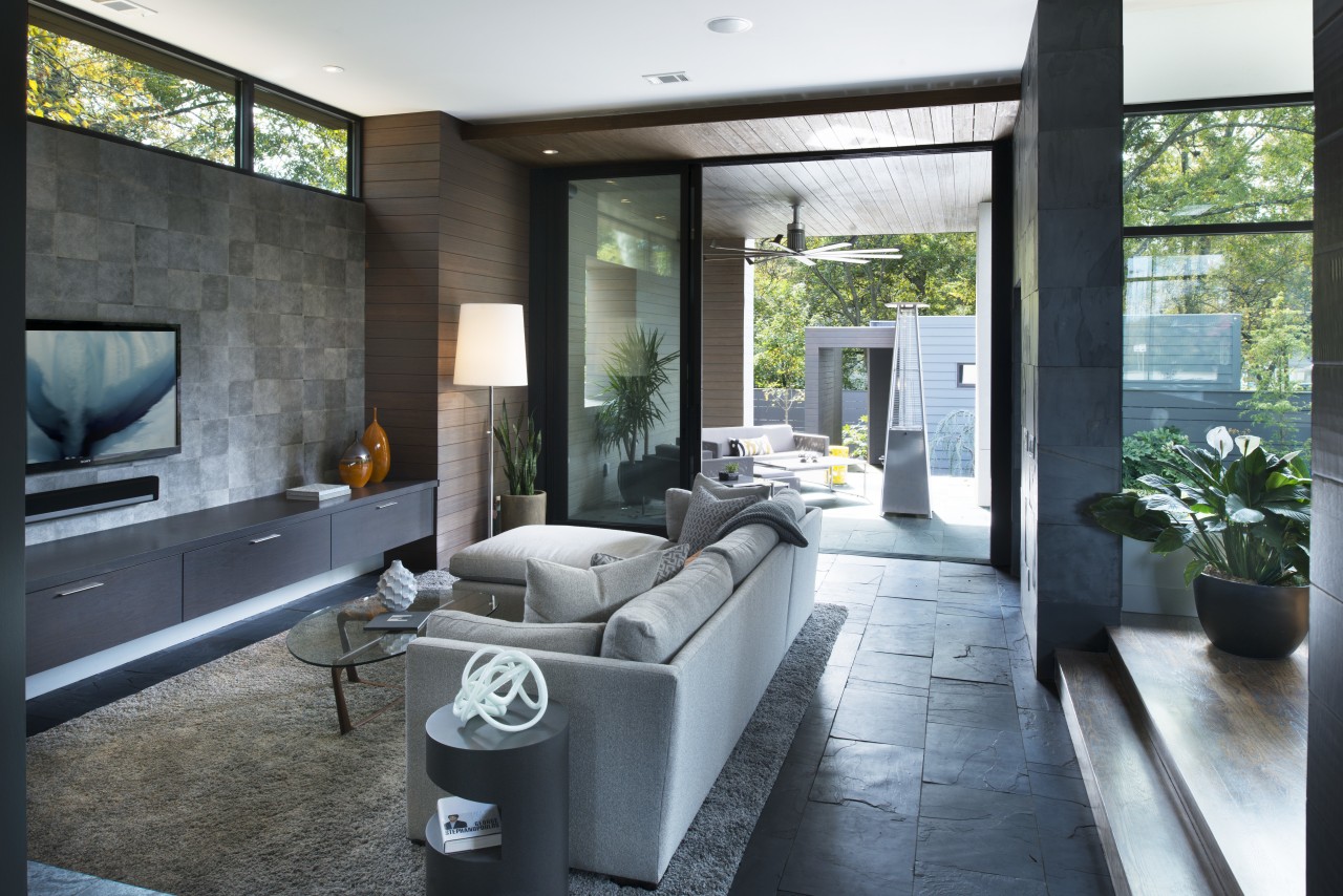 Family room with textured feature wall part architecture, house, interior design, living room, real estate, black, white