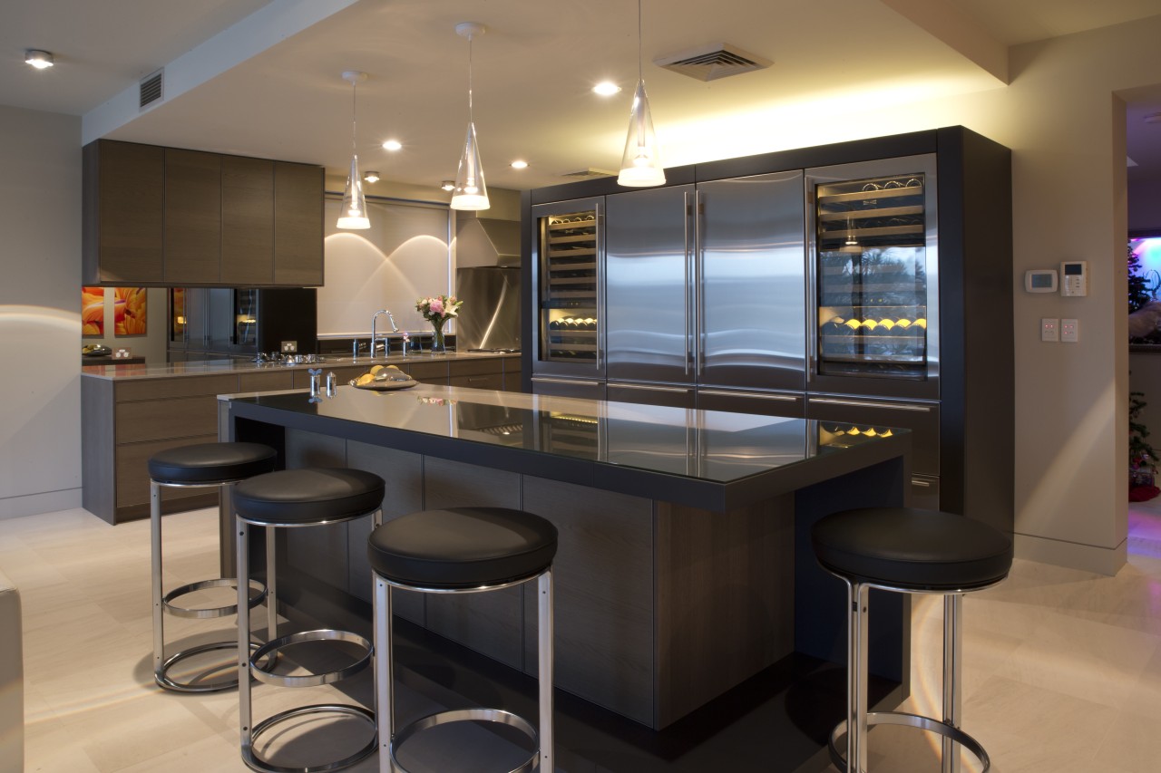 Sleek, contemporary German kitchen countertop, interior design, kitchen, black, brown