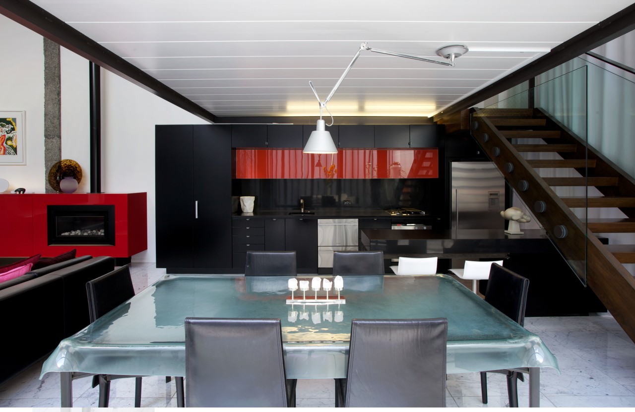 Living area in commercial building renovation ceiling, interior design, loft, table, gray, black