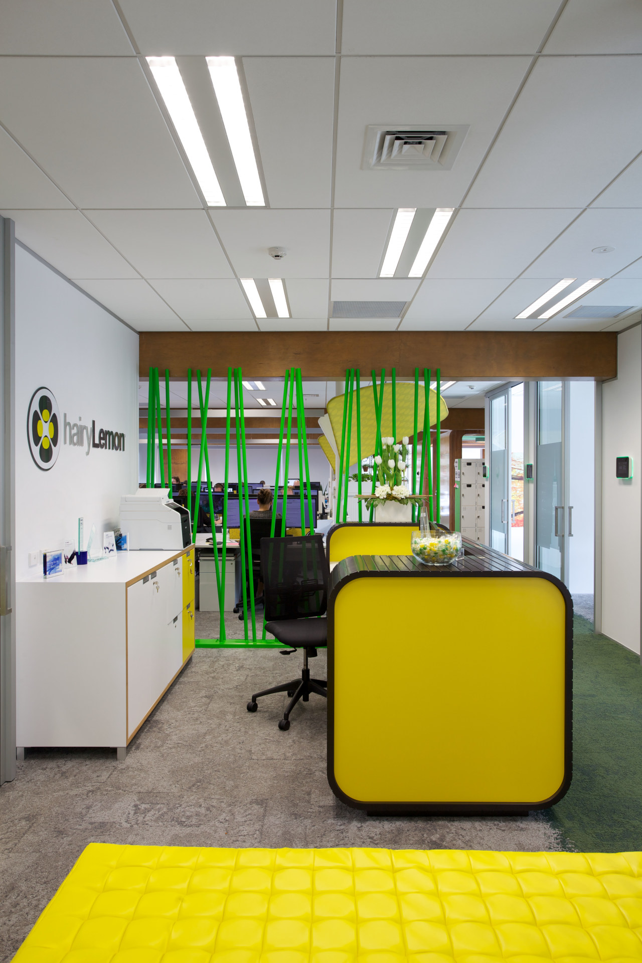 Colourful citrus shades enliven the Hairy Lemon offices ceiling, interior design, office, product design, gray