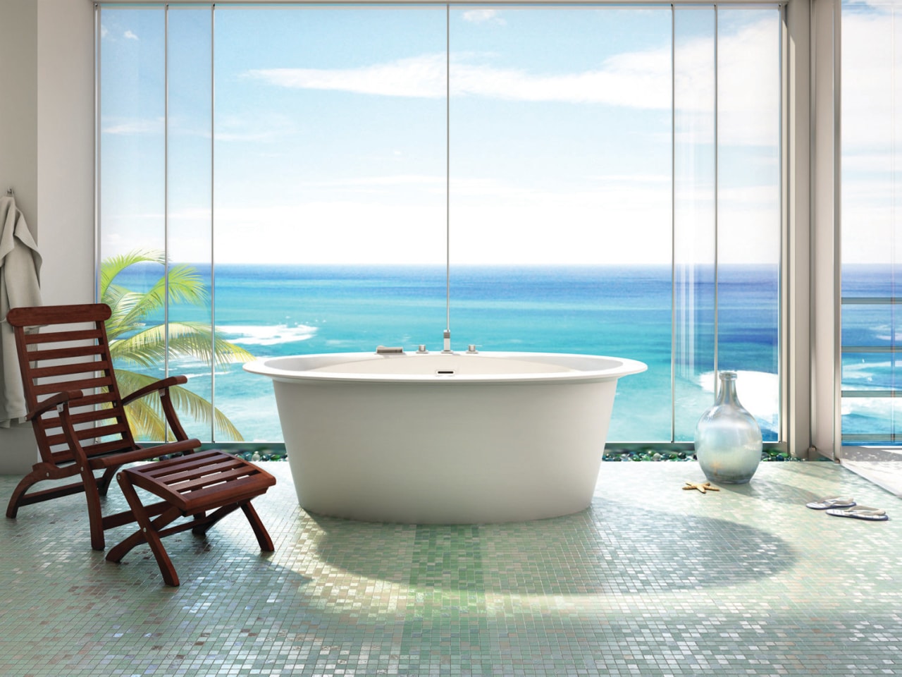 Resort-style bathing is all about the feel-good factor. bathroom, bathtub, interior design, plumbing fixture, property, sea, swimming pool, table, window, white