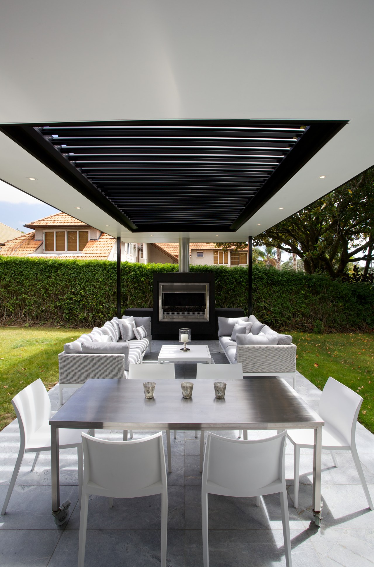 Offered in motorised, manual or fixed blade option. architecture, daylighting, house, table, gray