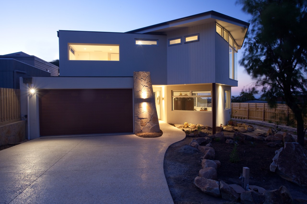 Contemporary family home by Graeme Alexander Homes architecture, building, elevation, estate, facade, home, house, lighting, property, real estate, residential area, roof, window, blue