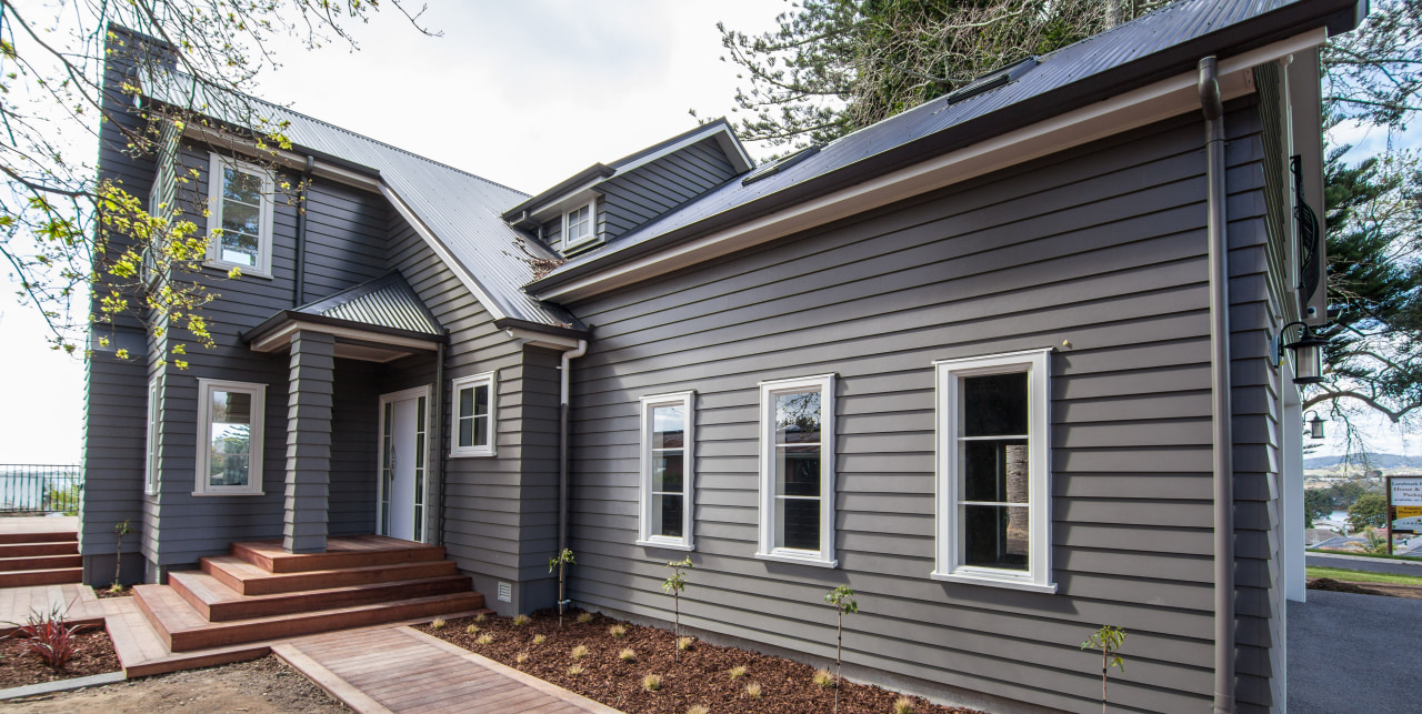 Entrance gable roof small home cottage, elevation, facade, farmhouse, home, house, porch, property, real estate, siding, window, black, gray, white