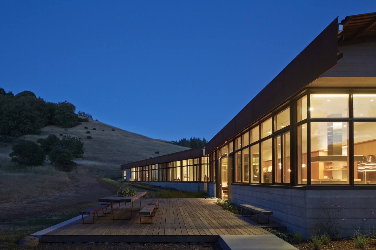 Deck of contemporary rural home architecture, building, cottage, estate, evening, facade, home, house, landscape, lighting, real estate, residential area, sky, blue, black