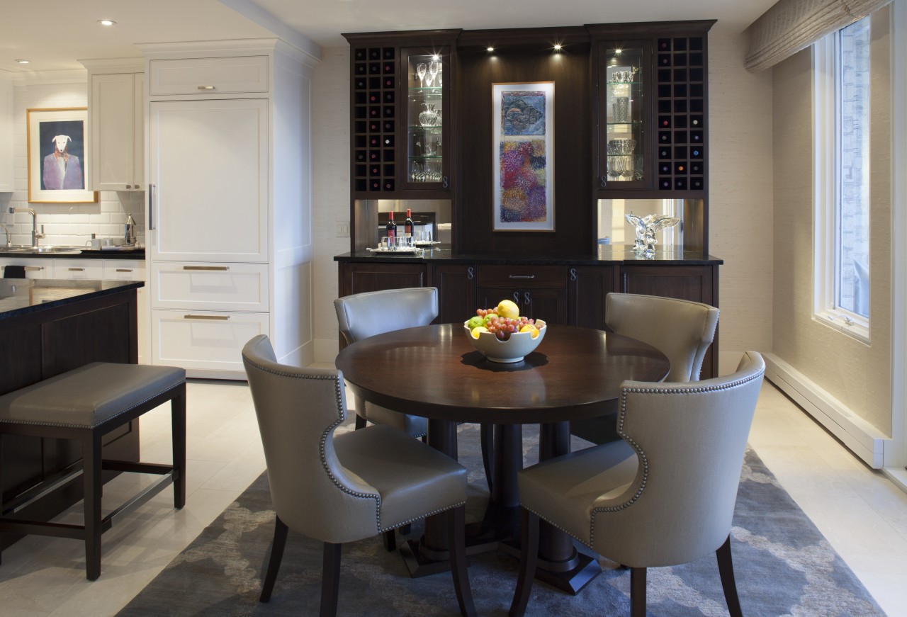 This custom walnut display cabinet is balanced by dining room, furniture, interior design, room, table, gray, black