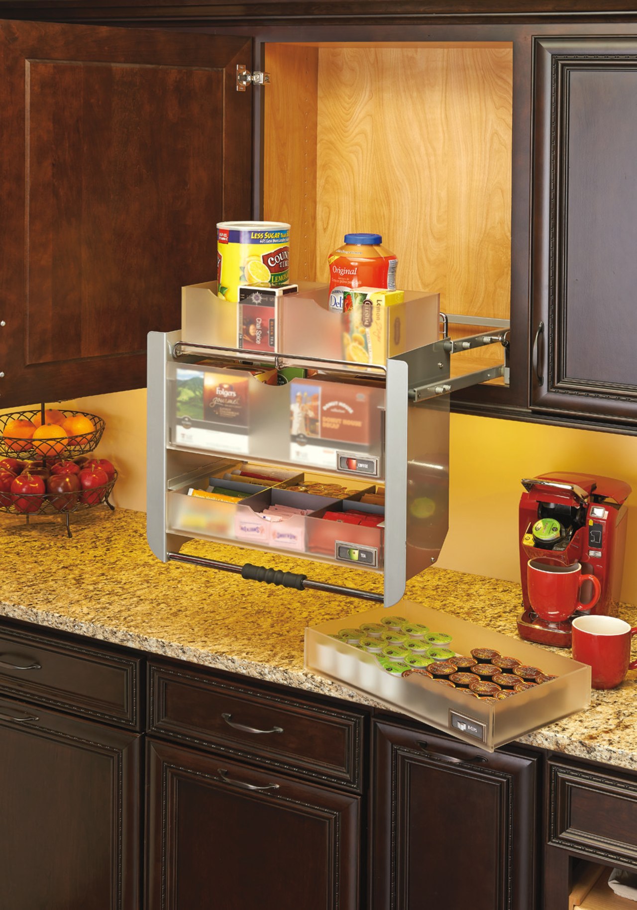 The Rev-A-Shelf 5UPD fits a 24 inch cabinet. cabinetry, countertop, interior design, kitchen, room, shelf, shelving, brown, orange