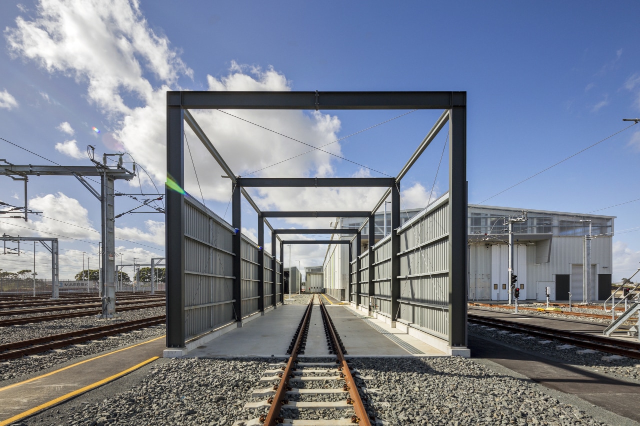 A purpose-built wash platform is one of several architecture, facade, residential area, sky, track, train station, transport, teal, gray