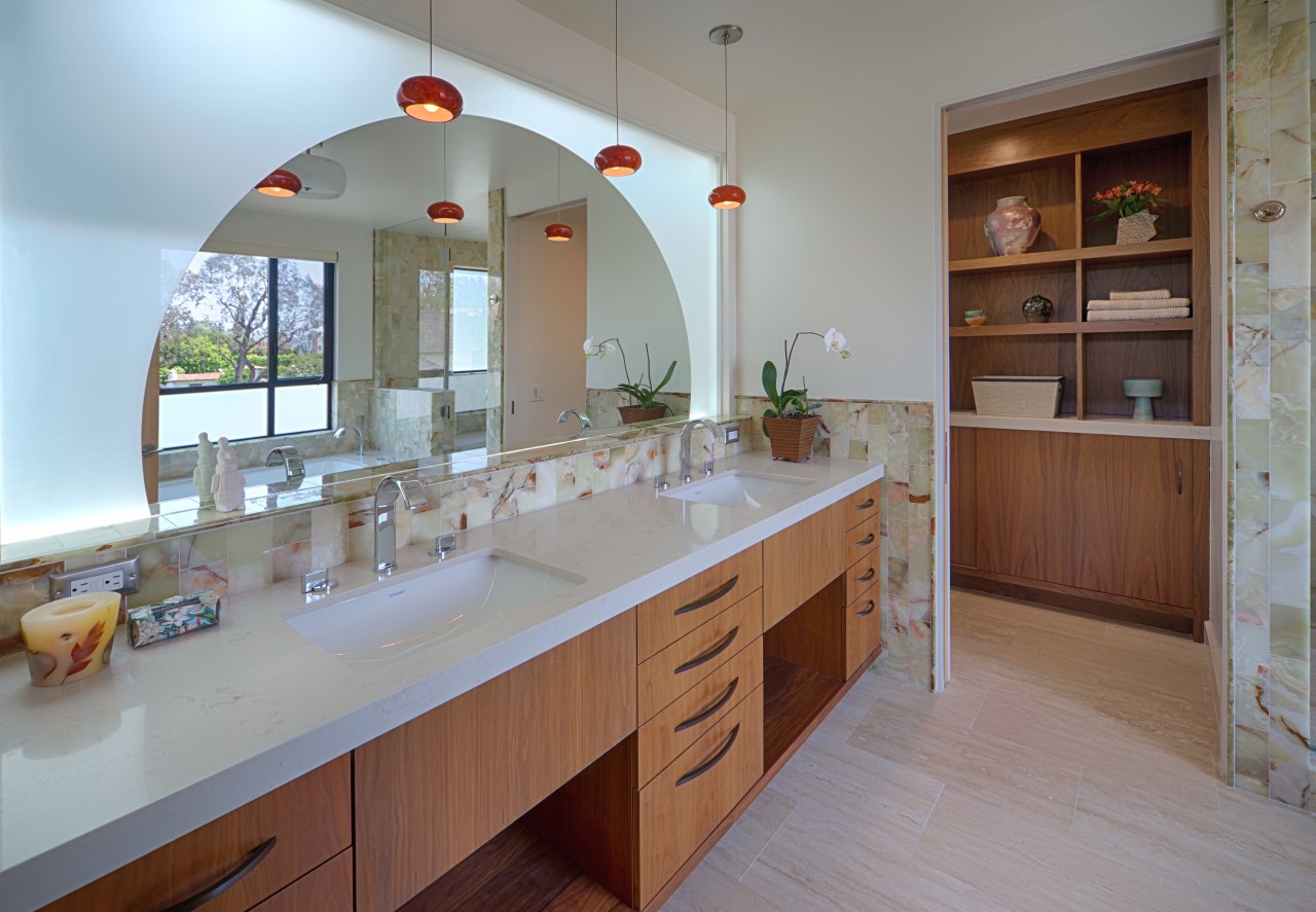 Architect Linda Brettler teamed flush walnut cabinetry with cabinetry, countertop, home, interior design, kitchen, real estate, room, gray