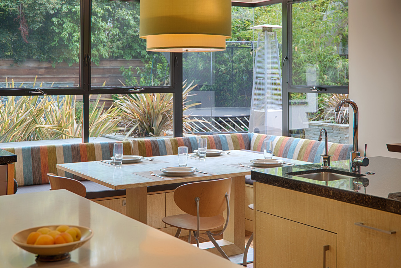 A breakfast area at the side of the dining room, home, interior design, kitchen, real estate, restaurant, table, window, gray, brown