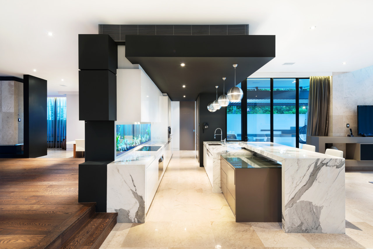 Overlapping marble tops and a dropped ceiling enhance interior design, table, white