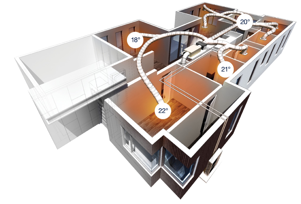 Ceiling ducting diagram for gas central heating product, product design, white