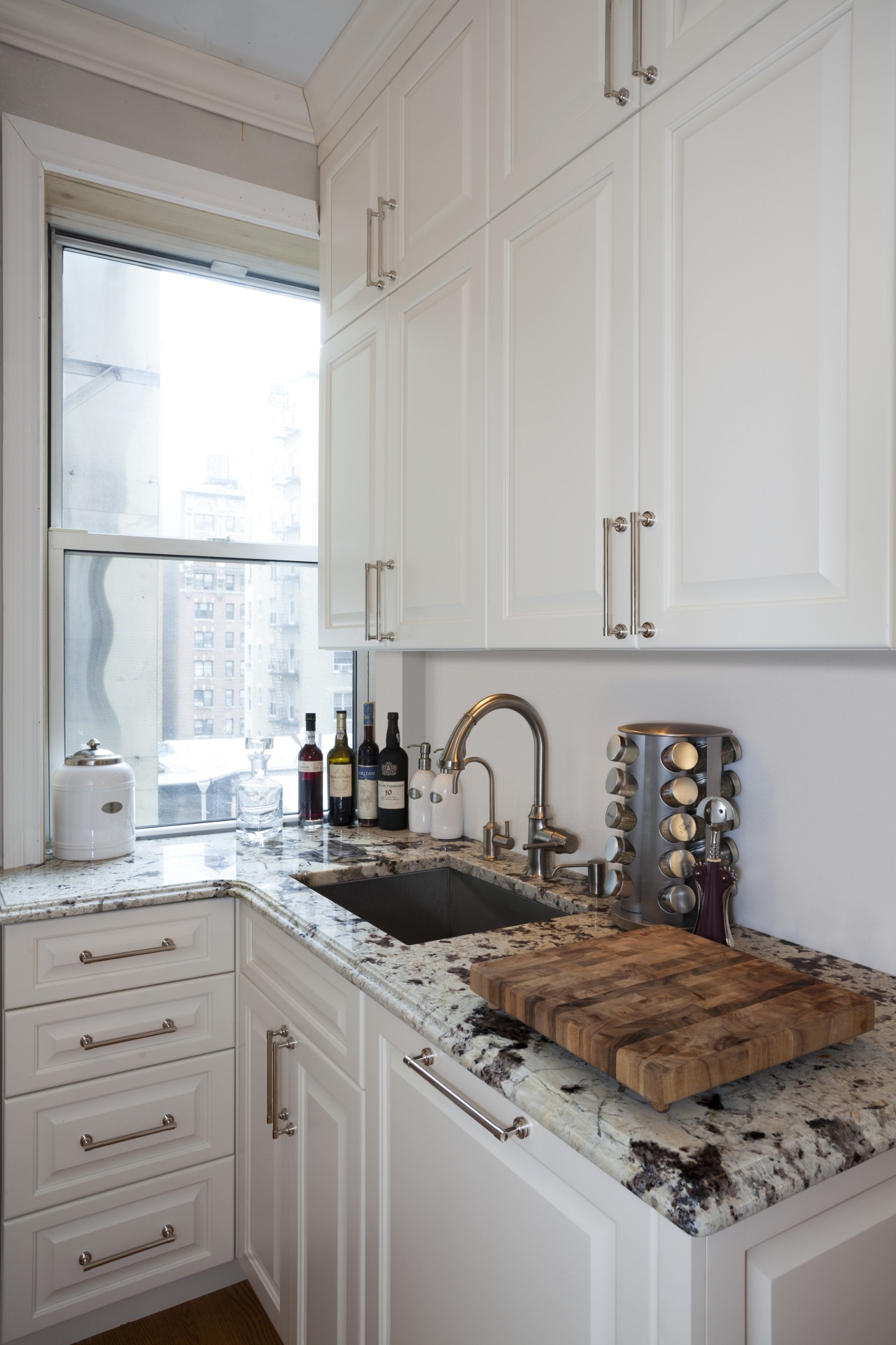 An open pantry across from this remodeled kitchen cabinetry, countertop, cuisine classique, home, home appliance, interior design, kitchen, room, window, gray